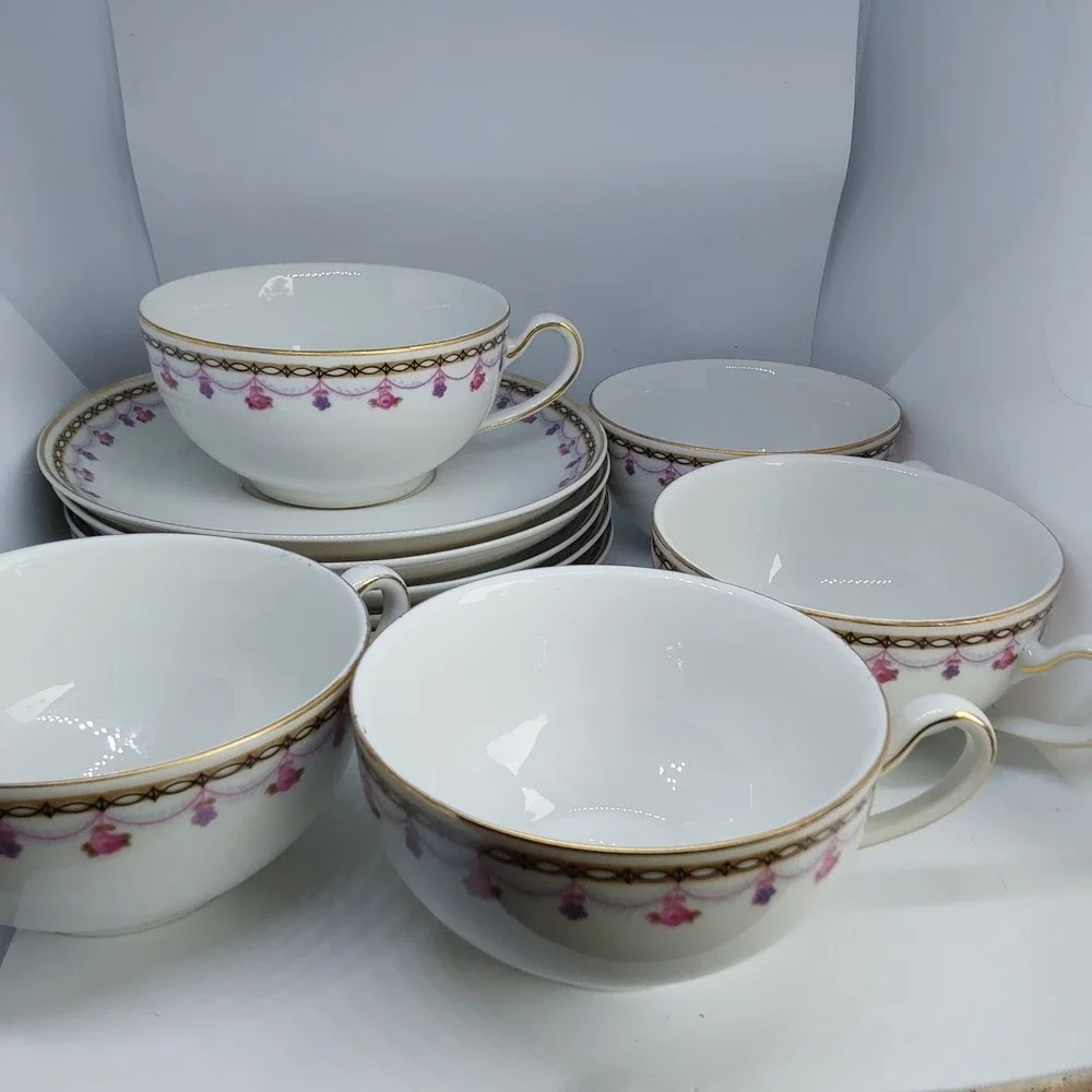 Heinrich‎ H&C  Set Of 5 Pink Roses Gray Laurel Cup & Saucer Sets